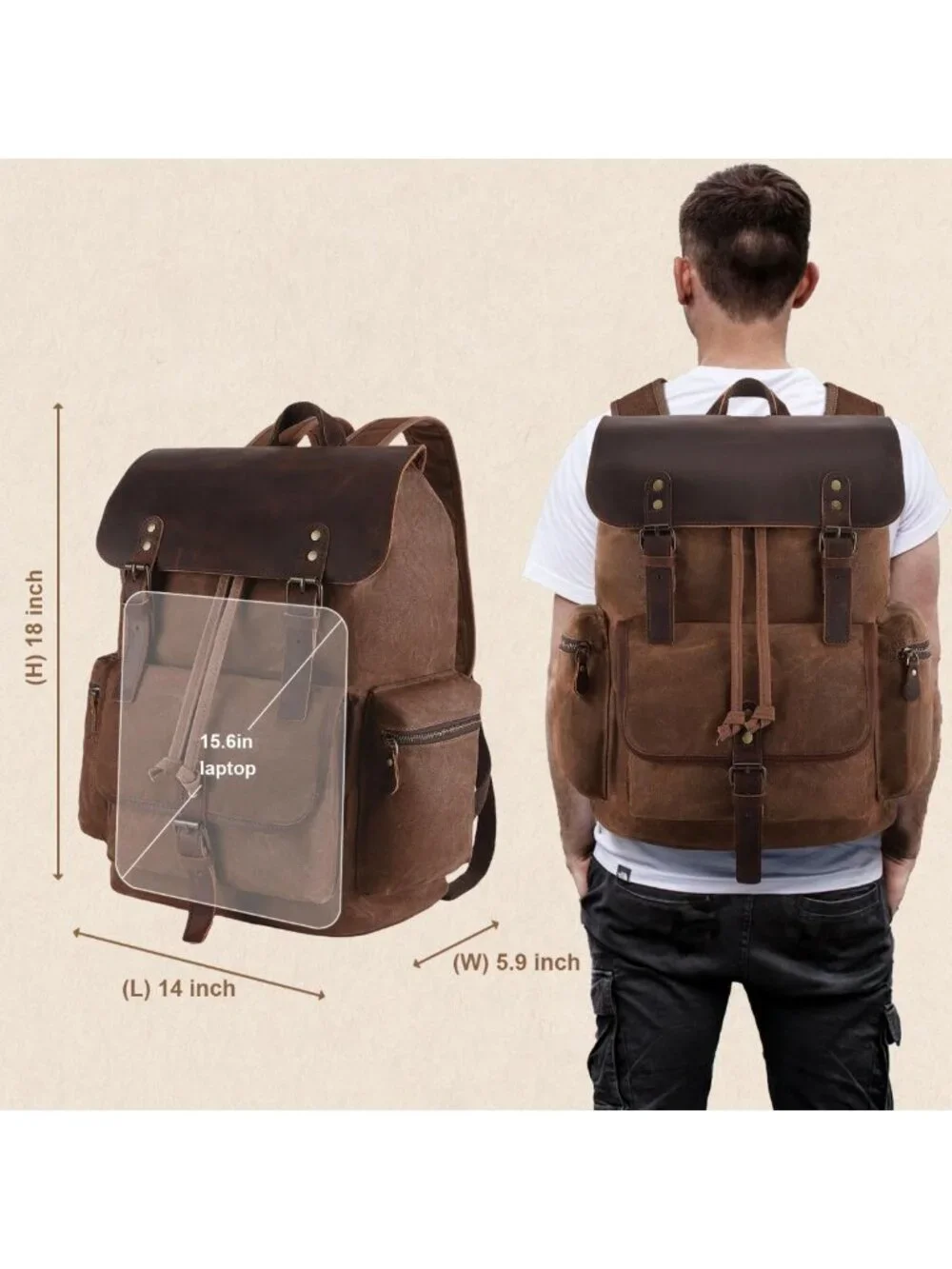 Vintage Waxed Canvas Backpack | Genuine Leather, Laptop Rucksack, Travel